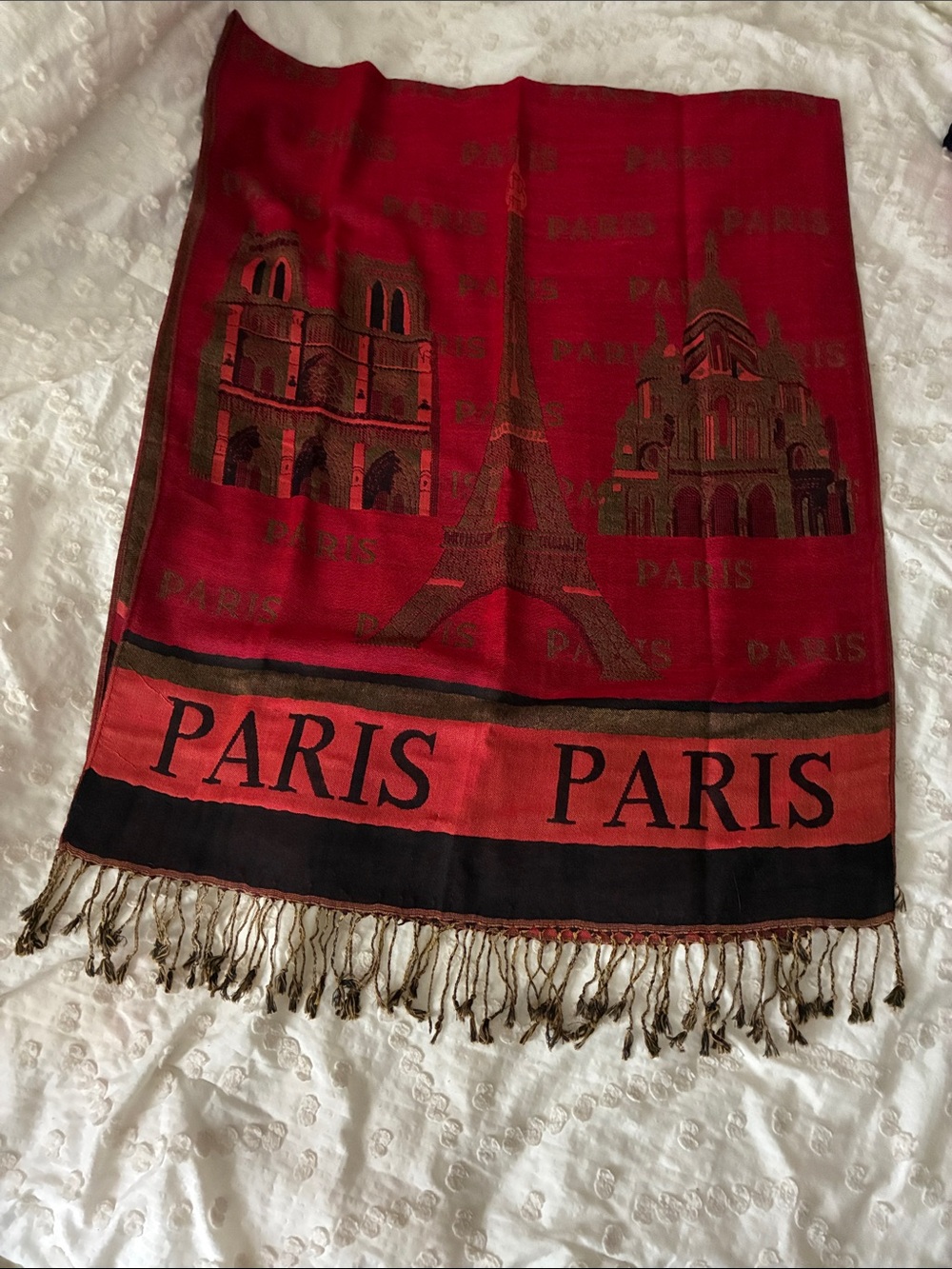 Red Paris Landmark Scarf with Eiffel Tower Design